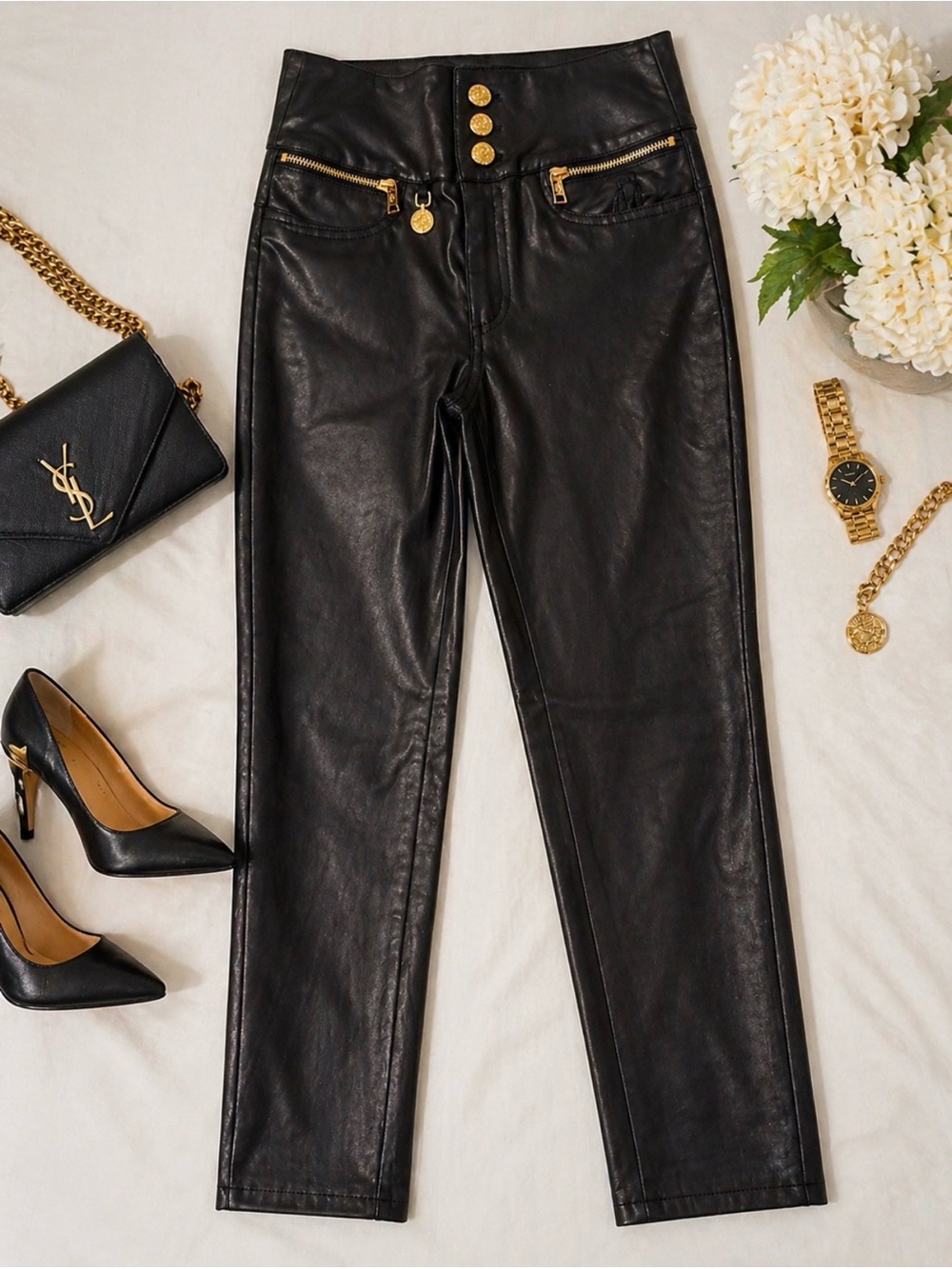 Holland Cooper Faux Leather Coated Pants Black High Rise Gold Button Size US 6